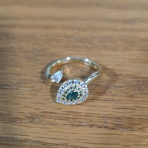 Gold Teardrop Emerald Halo Open Ring